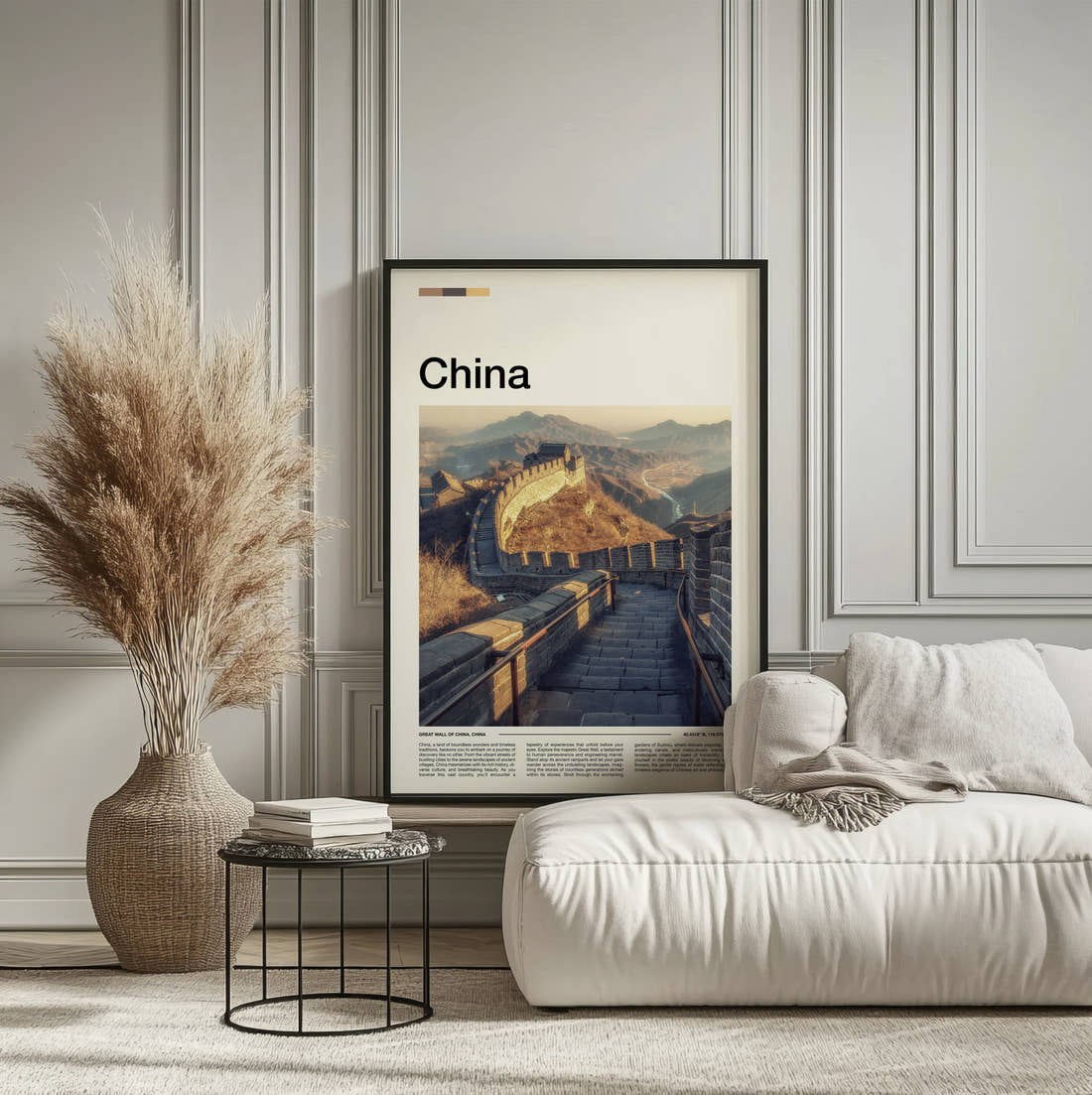 China Great Wall At Golden Hour Travel Print framed on the wall of a calm, neutral bedroom
