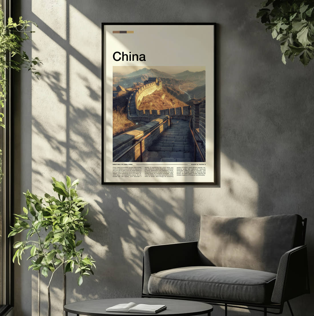 China Great Wall At Golden Hour Travel Print framed on the wall of a relaxed living room