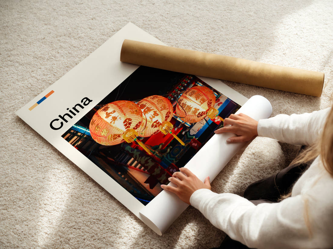 China Red Lanterns Travel Print being unrolled from its postal tube