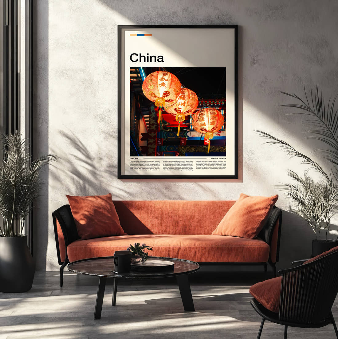 China Red Lanterns Travel Print framed on the wall of a modern living room