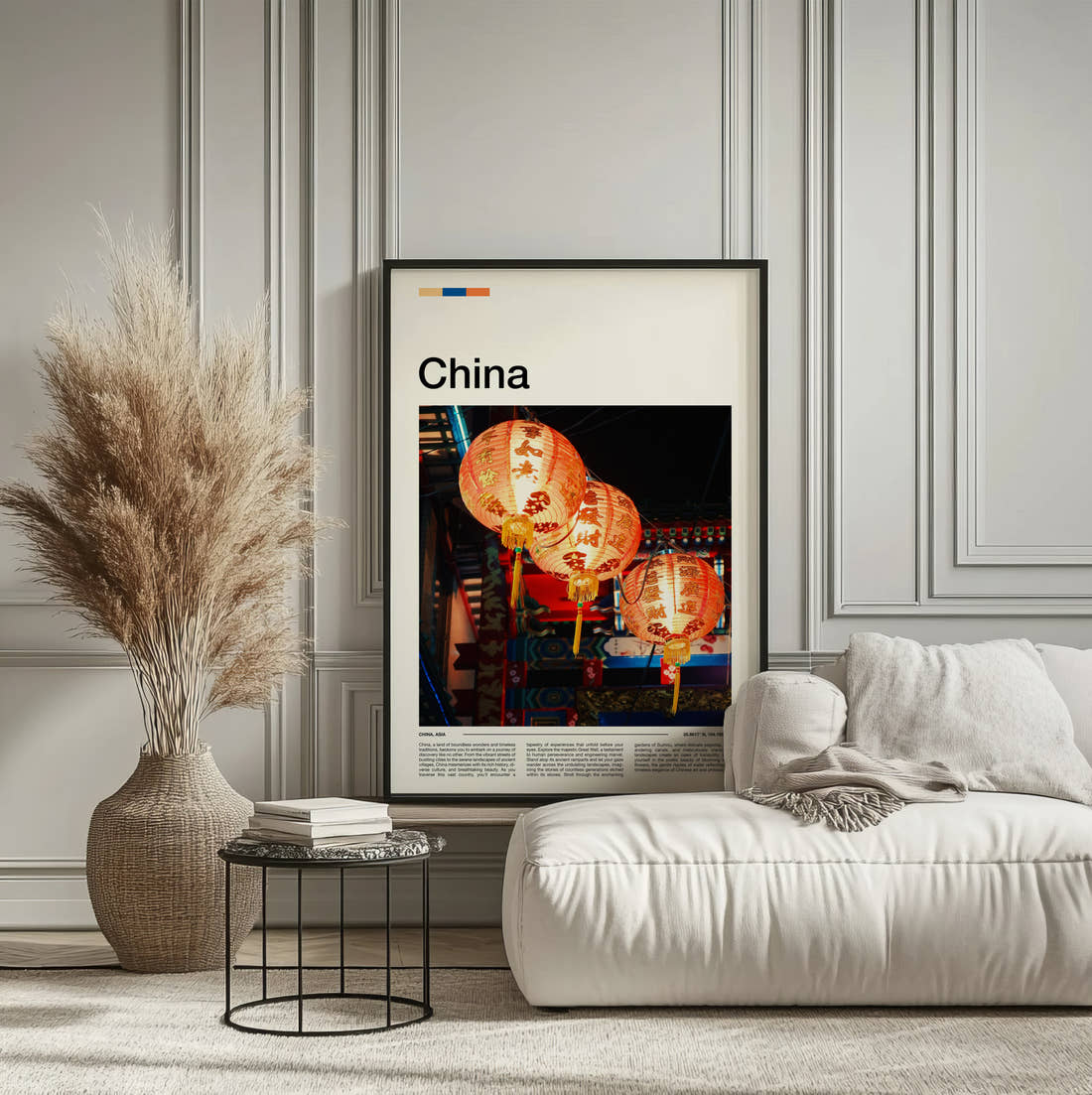 China Red Lanterns Travel Print framed on the wall of a calm, neutral bedroom