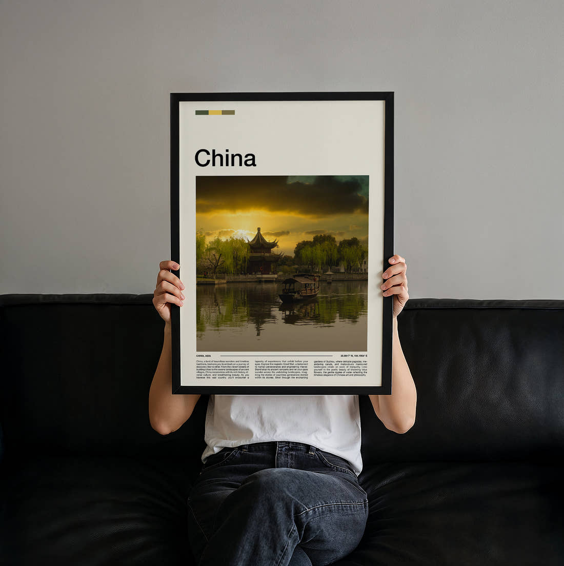 China Pagoda By The Lake Travel Print held up by hand to show the size of the print