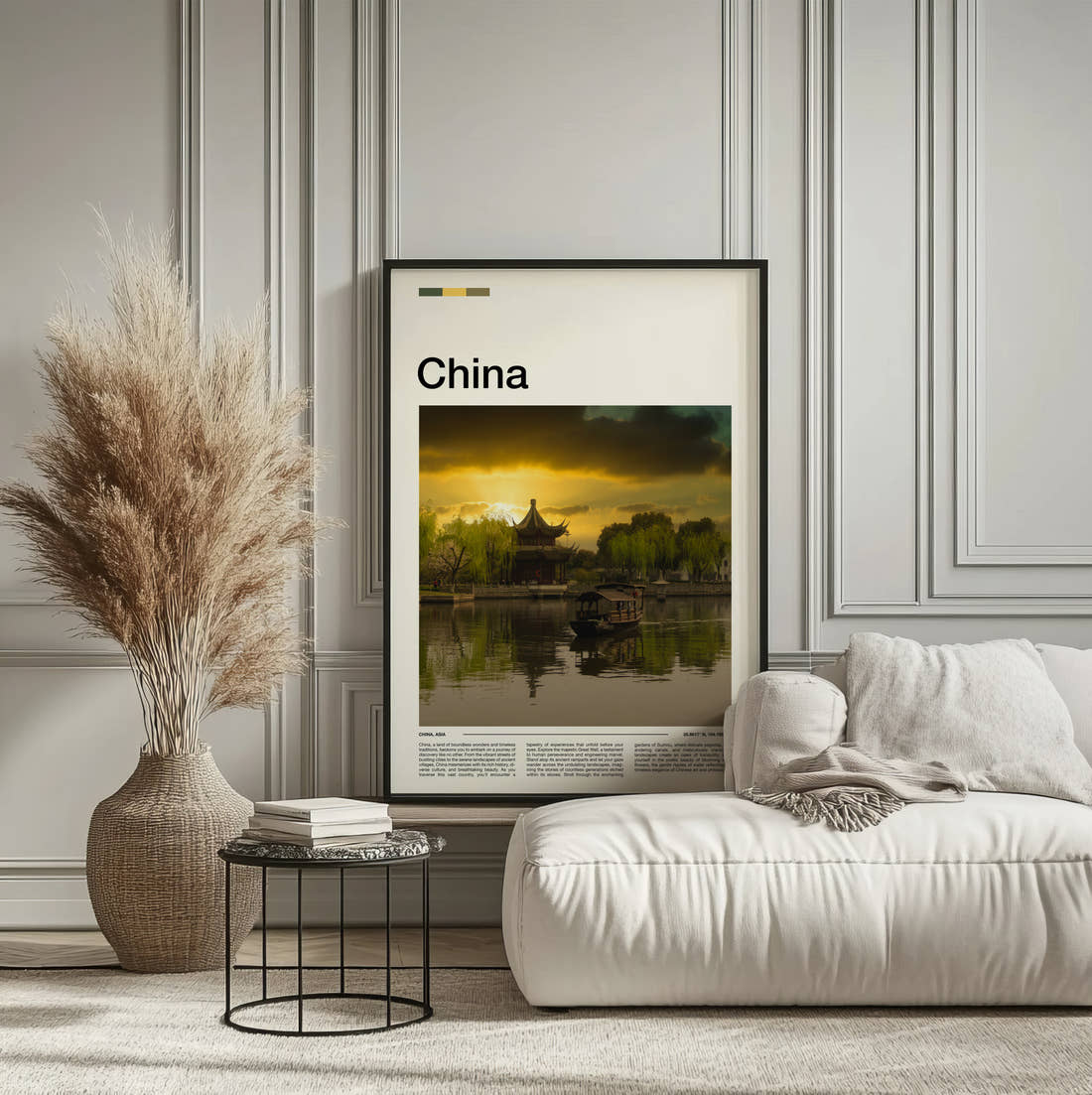 China Pagoda By The Lake Travel Print framed on the wall of a calm, neutral bedroom