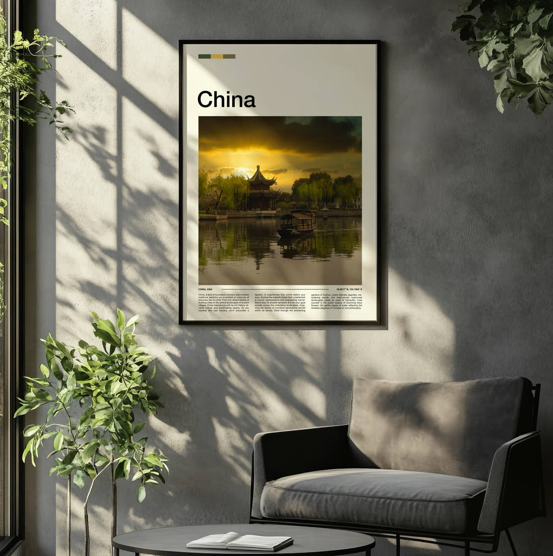 China Pagoda By The Lake Travel Print framed on the wall of a relaxed living room