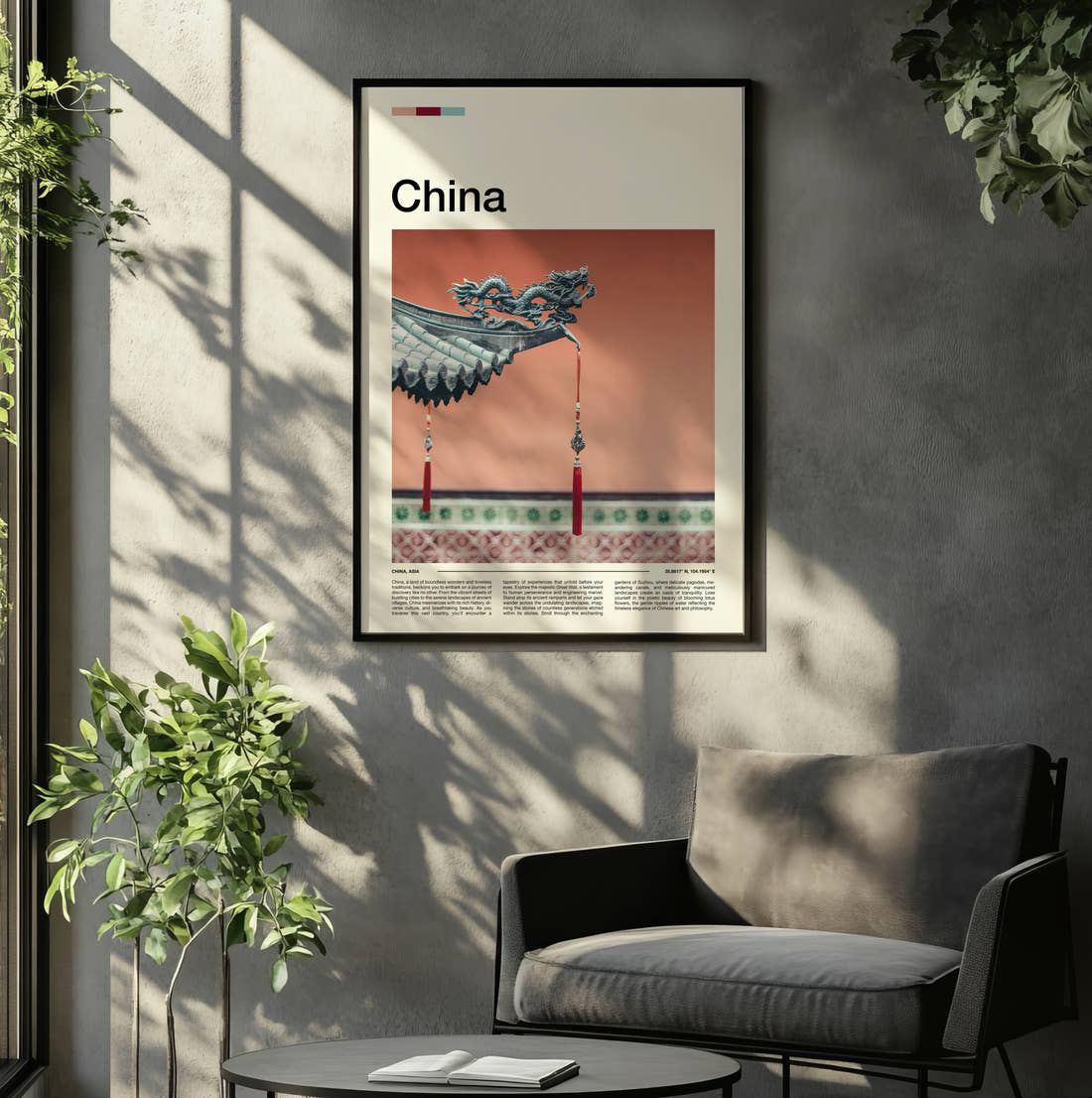 China Dragon Roof Detail Travel Print framed on the wall of a relaxed living room