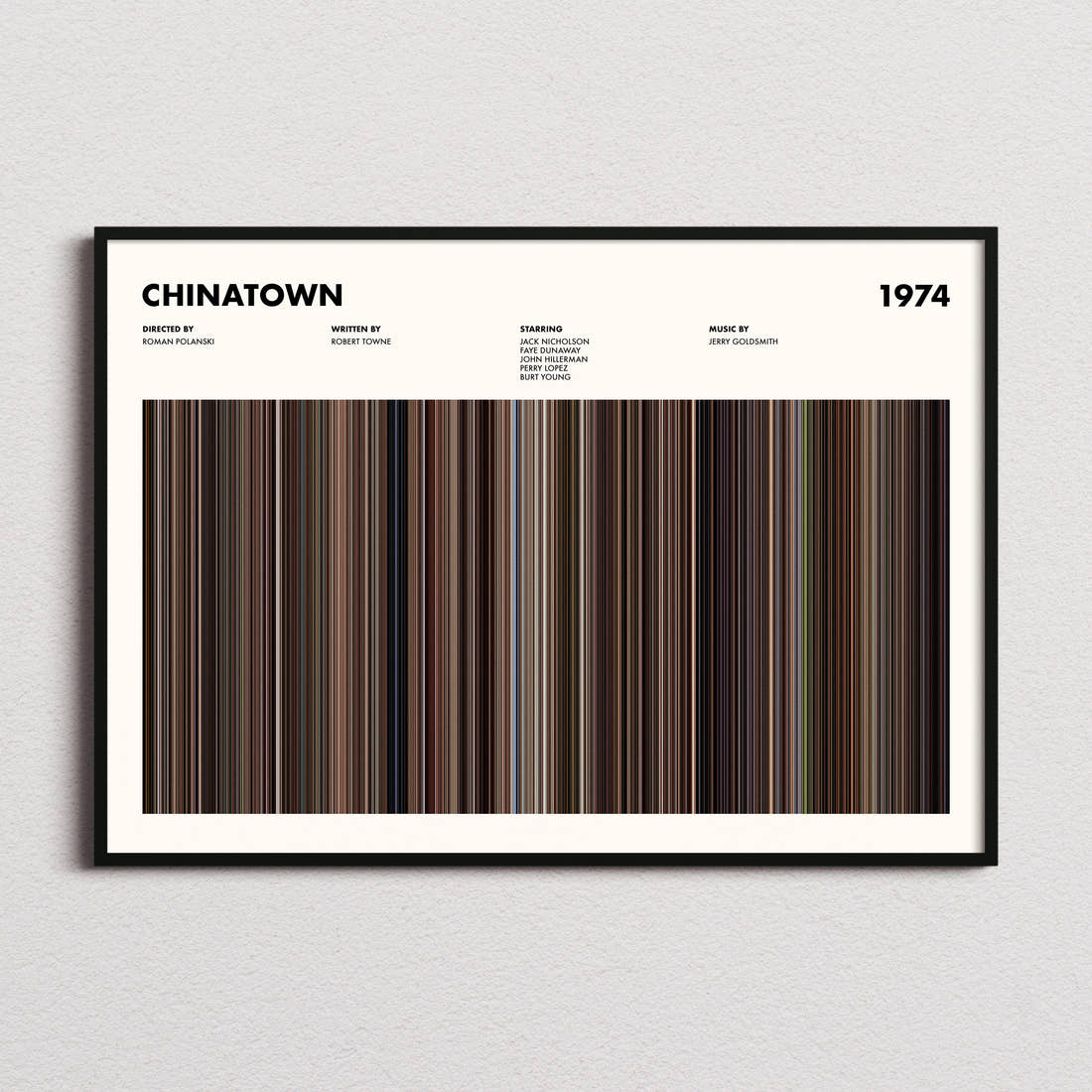 Chinatown Movie Barcode Poster framed and photographed straight on
