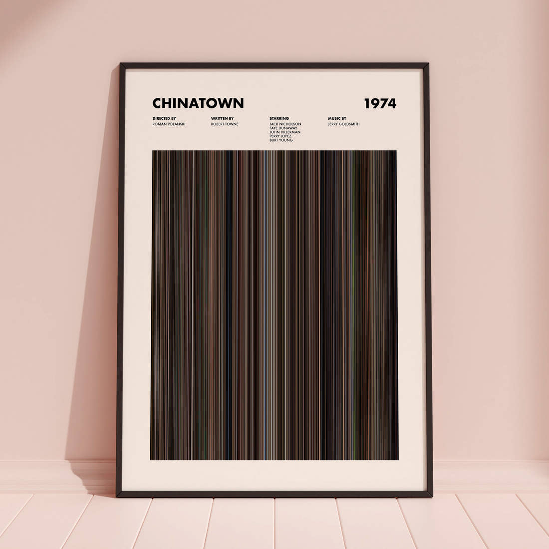Chinatown Movie Barcode Poster framed and leaning against a coloured wall