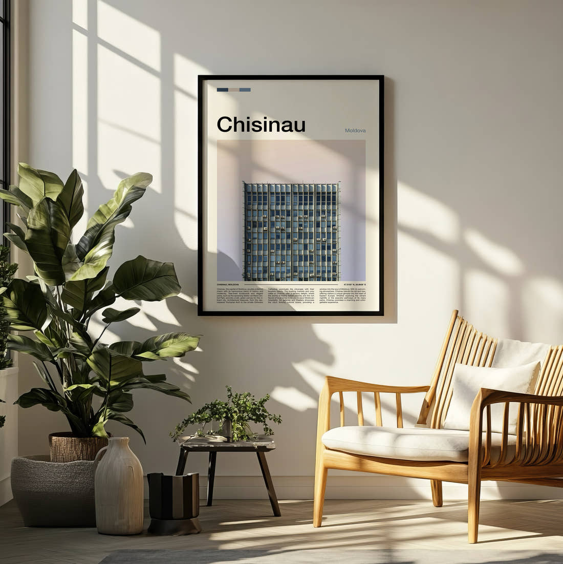 Chisinau Modernist Building Facade Travel Print framed on a pale wall beside houseplants