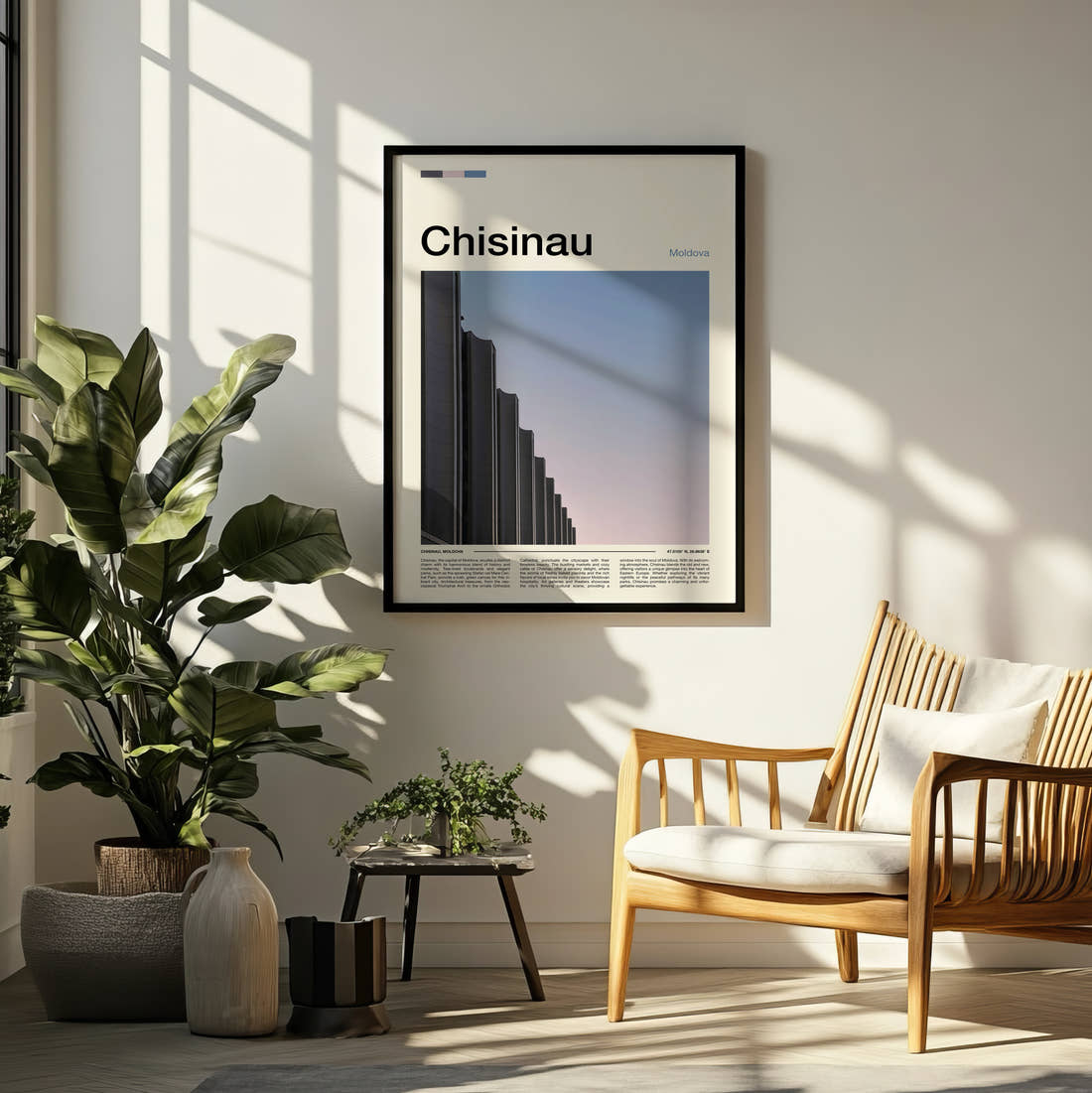 Chisinau Brutalist Building Travel Print framed on a pale wall beside houseplants