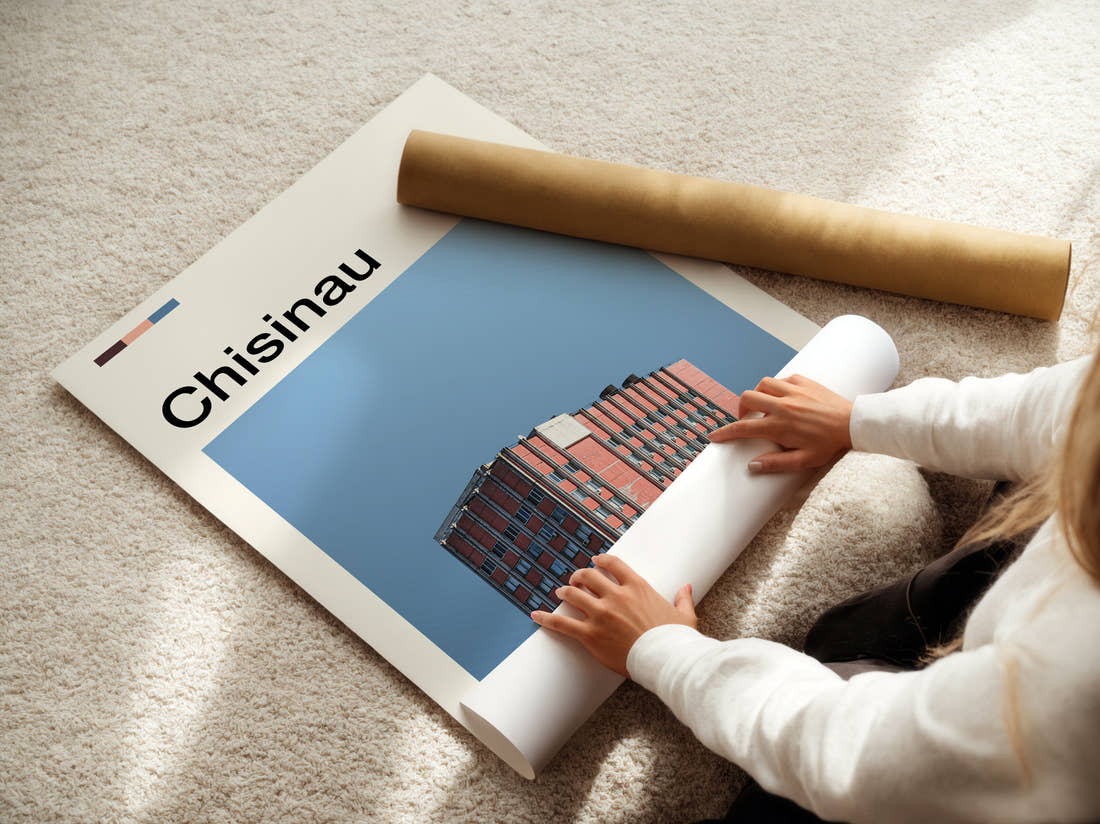 Chisinau Red Brick Apartment Block Travel Print being unrolled from its postal tube