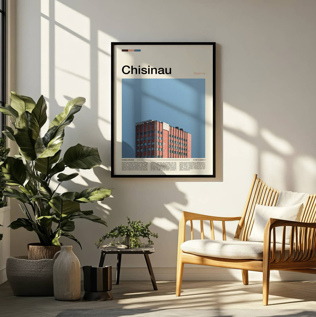 Chisinau Red Brick Apartment Block Travel Print framed on a pale wall beside houseplants