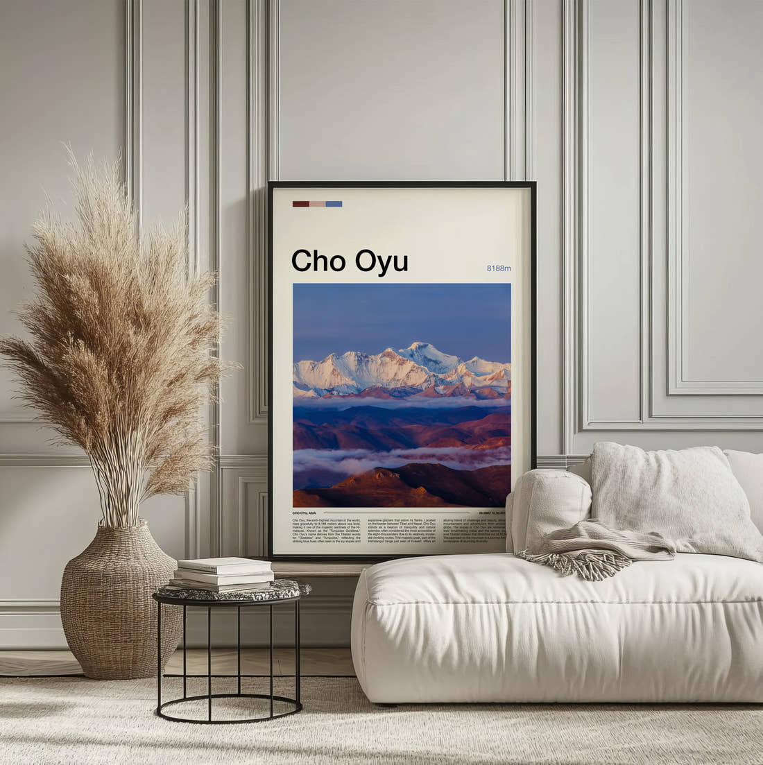 Cho Oyu Travel Print framed on the wall of a calm, neutral bedroom