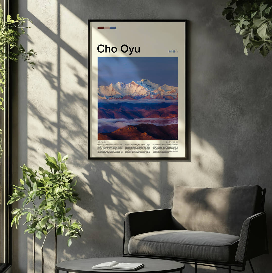 Cho Oyu Travel Print framed on the wall of a relaxed living room
