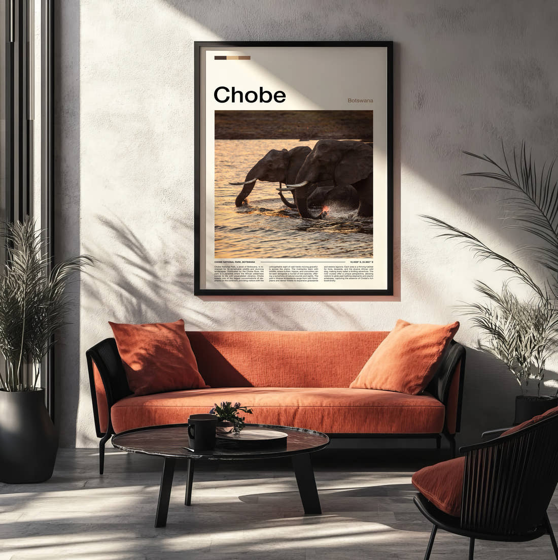 Chobe Elephant In The River Travel Print framed on the wall of a modern living room