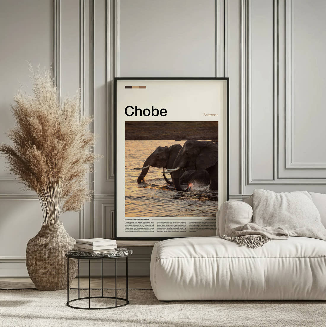 Chobe Elephant In The River Travel Print framed on the wall of a calm, neutral bedroom