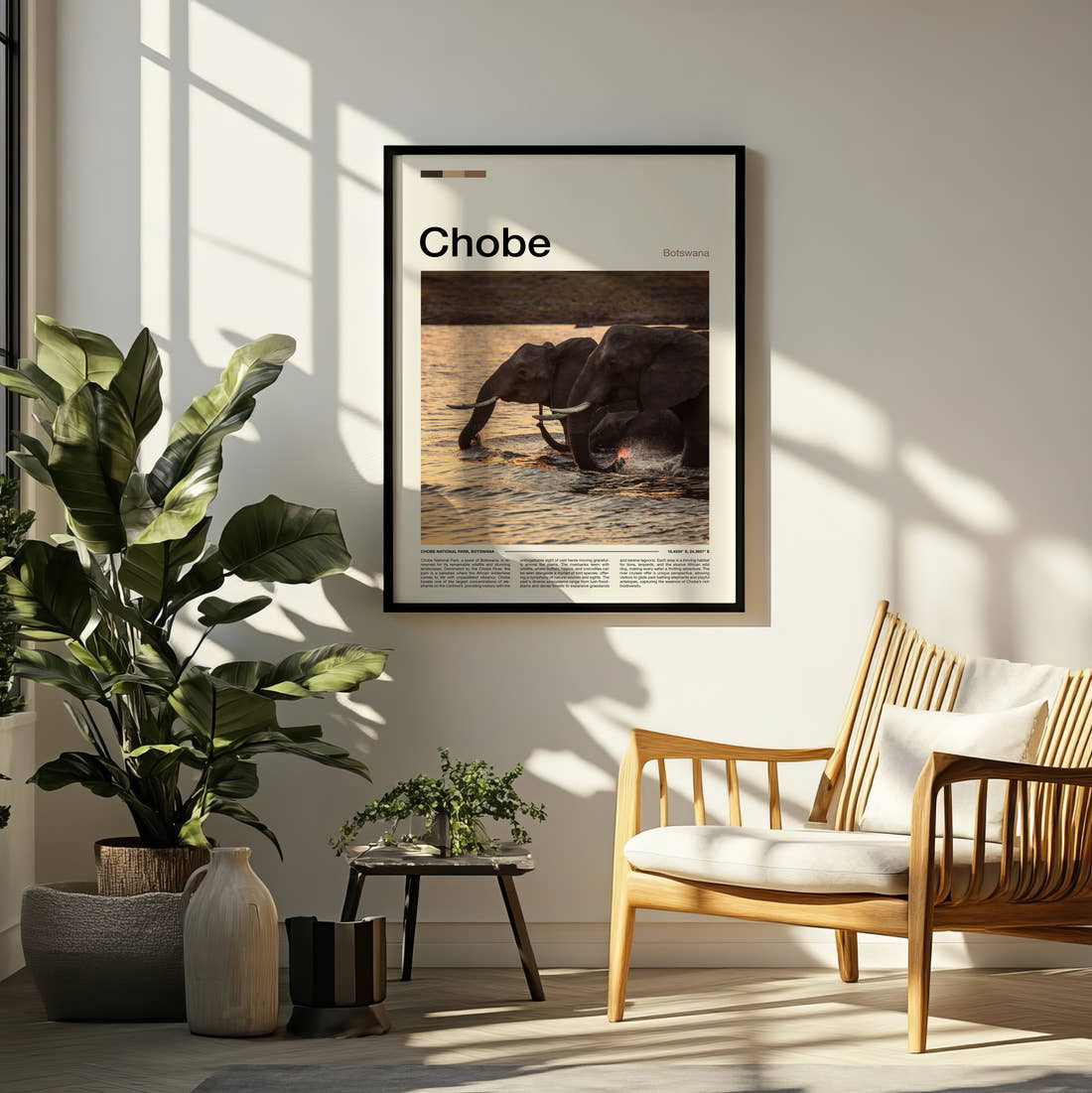 Chobe Elephant In The River Travel Print framed on a pale wall beside houseplants