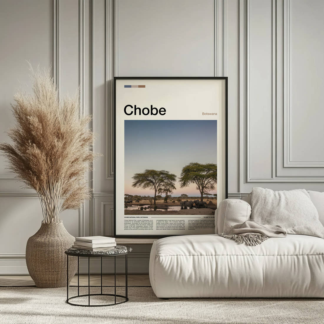 Chobe Acacia Trees On The Plain Travel Print framed on the wall of a calm, neutral bedroom