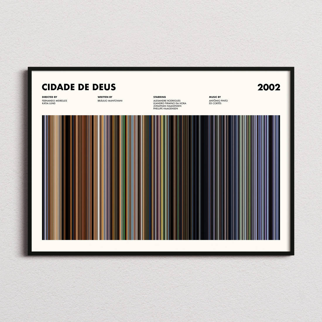 Cidade De Deus Movie Barcode Poster framed and photographed straight on