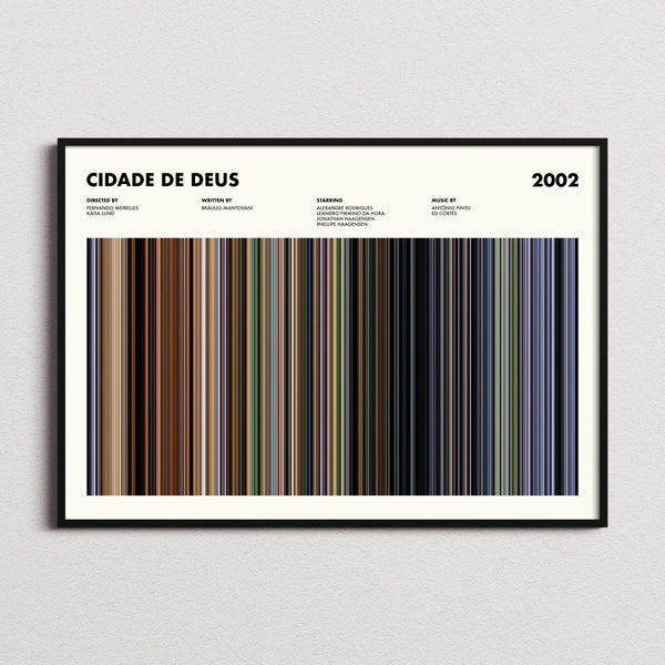 Cidade De Deus Movie Barcode Poster framed and photographed straight on