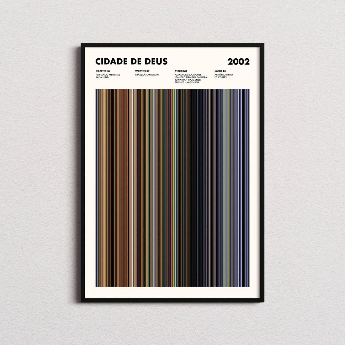 Cidade De Deus Movie Barcode Poster framed on a plain studio wall
