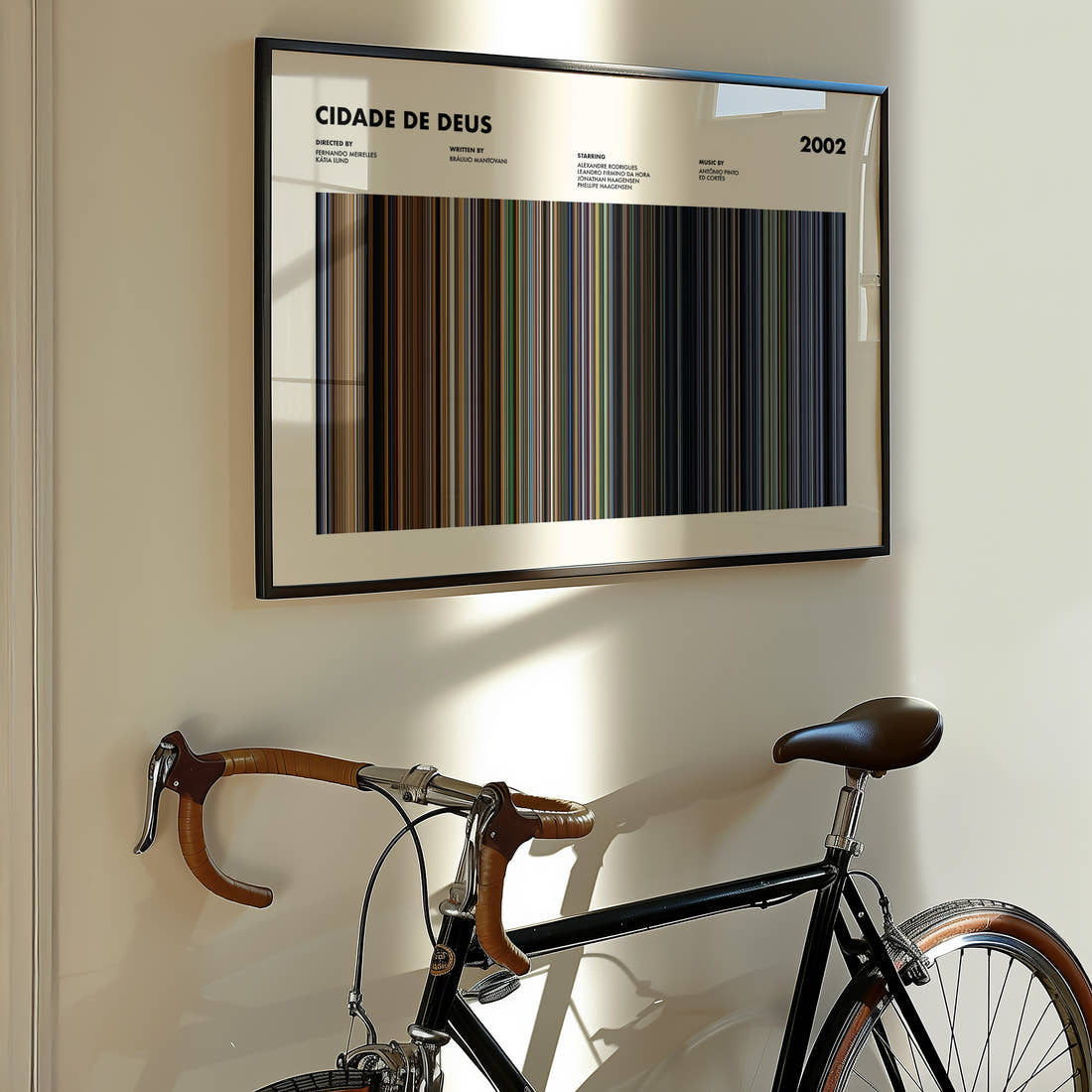 Cidade De Deus Movie Barcode Poster framed on the wall of a styled room setting