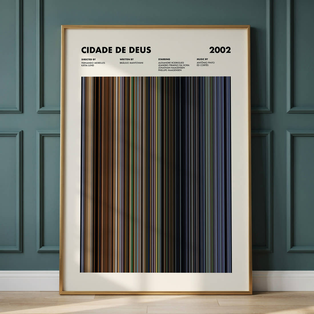 Cidade De Deus Movie Barcode Poster framed and leaning against a panelled wall