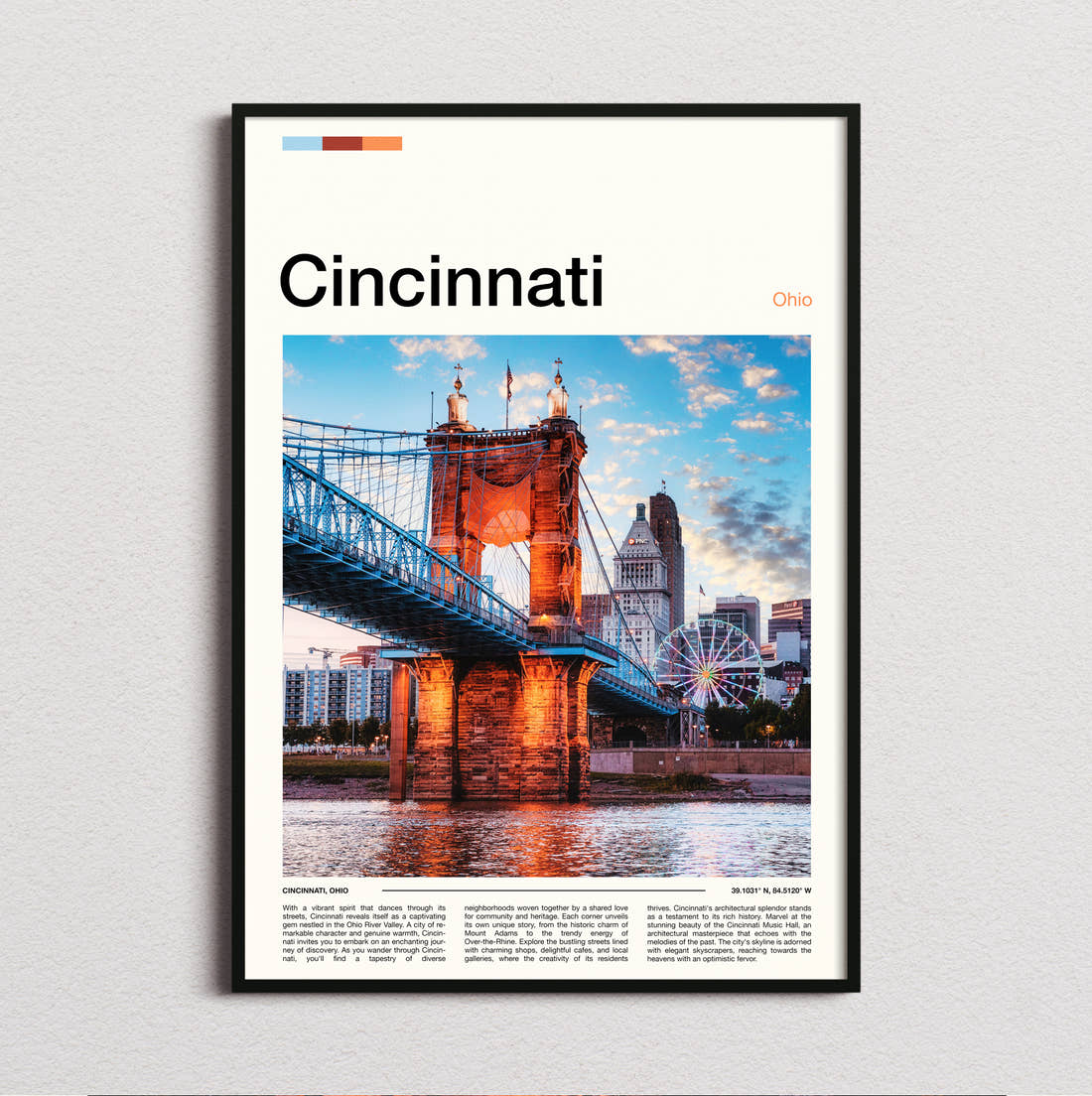 Cincinnati Roebling Suspension Bridge At Night Travel Print framed and photographed straight on