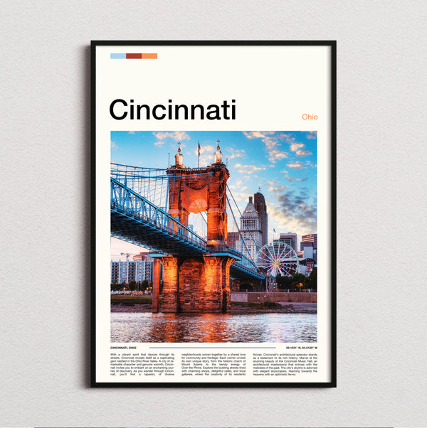 Cincinnati - Roebling Suspension Bridge At Night - Travel Print