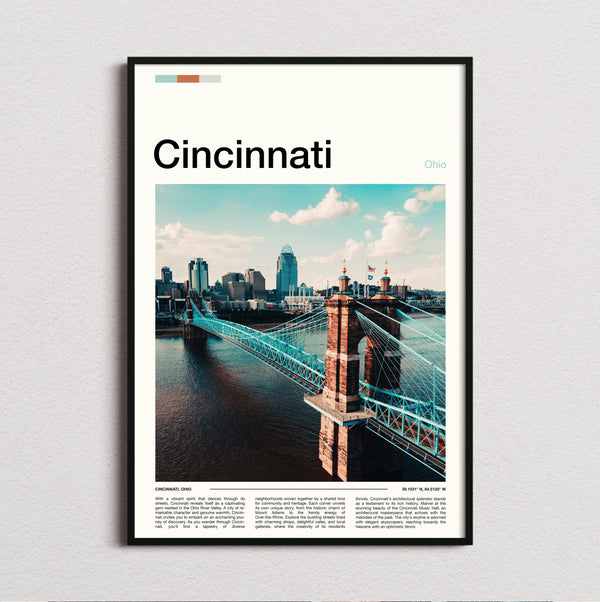 Cincinnati - Roebling Suspension Bridge And Skyline - Travel Print
