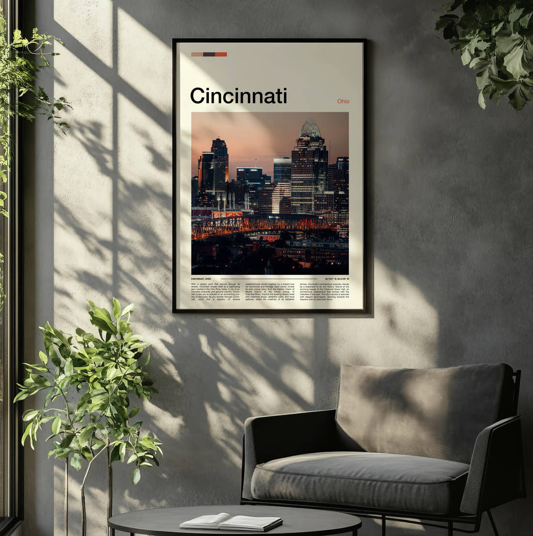 Cincinnati Skyline At Dusk Travel Print framed on the wall of a relaxed living room