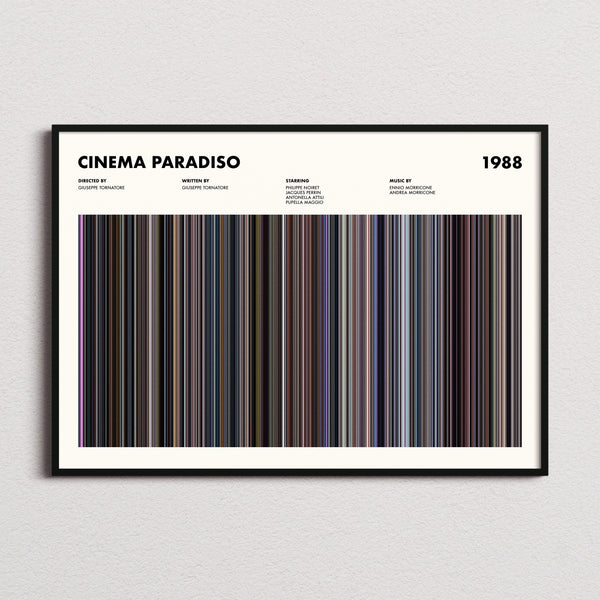 Cinema Paradiso Movie Barcode Poster framed and photographed straight on