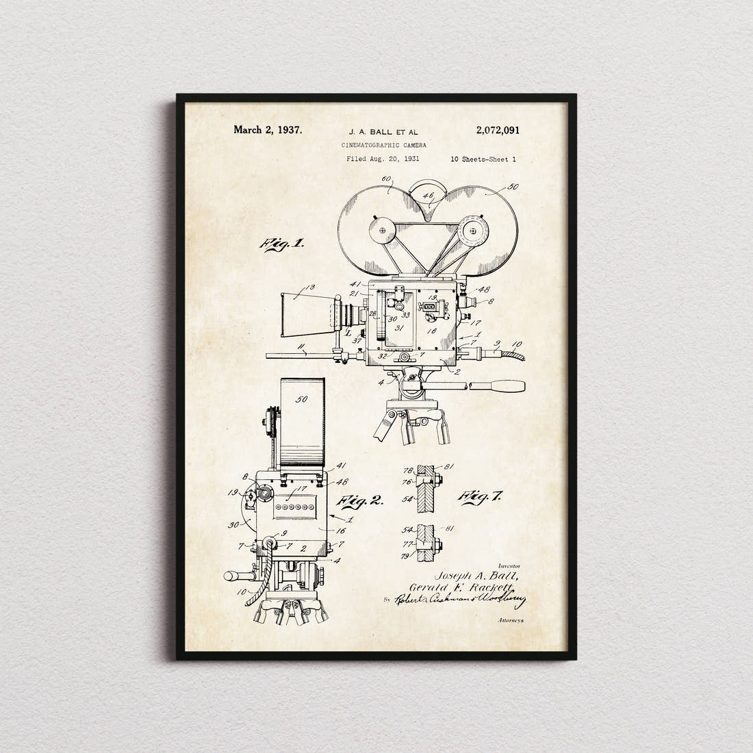 Cinematographic Camera Patent Print in the aged paper colourway, framed