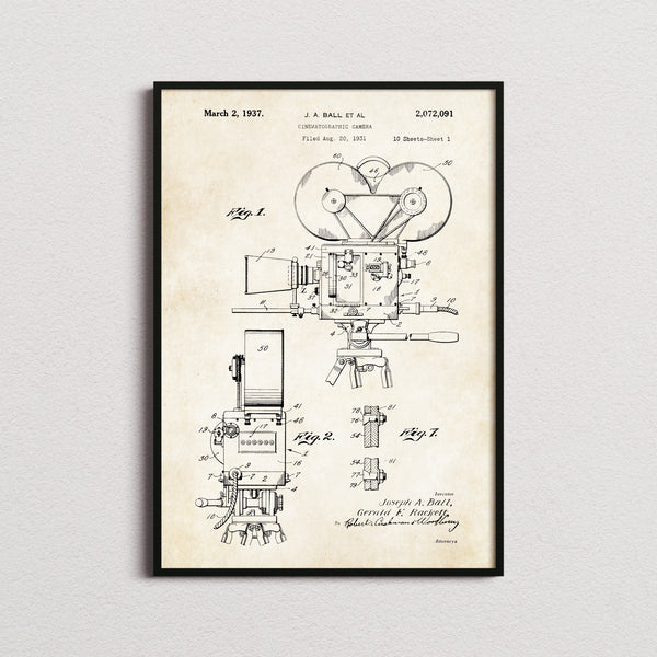 Cinematographic Camera Patent Print in the aged paper colourway, framed