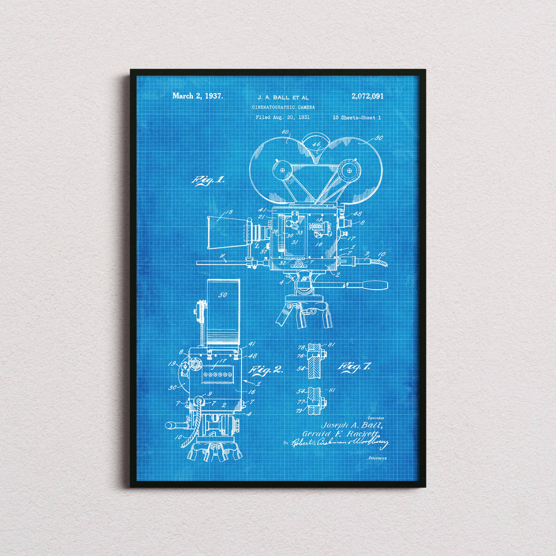 Cinematographic Camera Patent Print in the blueprint colourway, framed