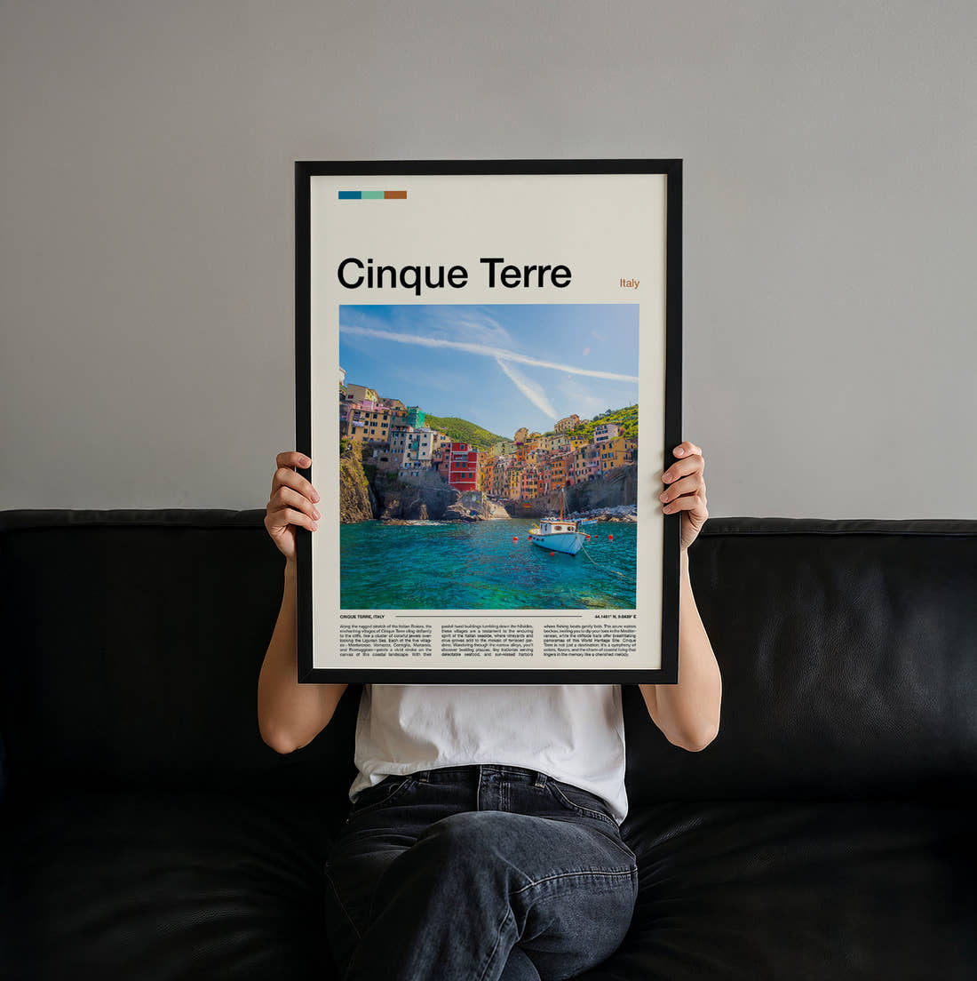 Cinque Terre Colourful Cliffside Village Travel Print held up by hand to show the size of the print