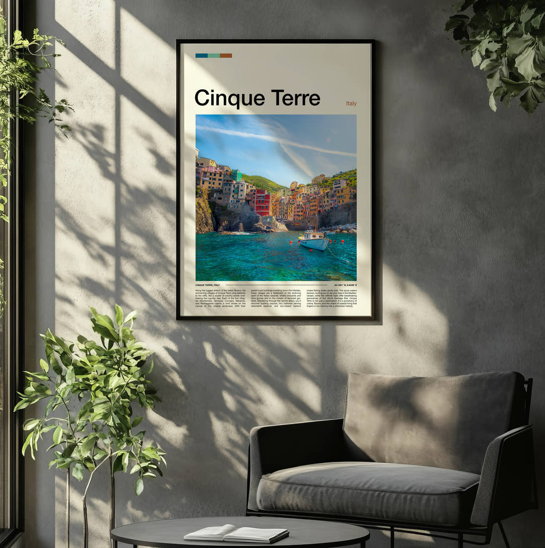 Cinque Terre Colourful Cliffside Village Travel Print framed on the wall of a relaxed living room