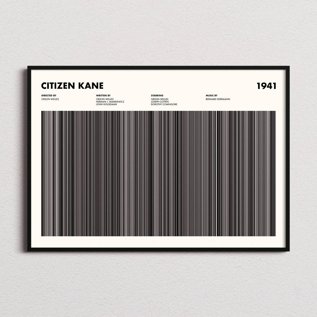 Citizen Kane Movie Barcode Poster framed and photographed straight on