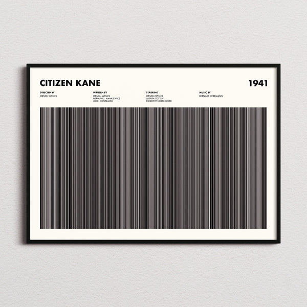 Citizen Kane Movie Barcode Poster framed and photographed straight on