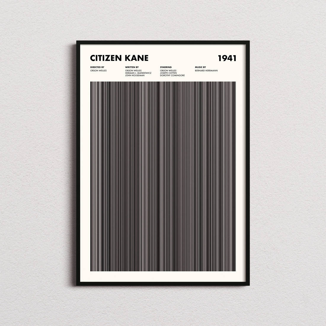 Citizen Kane Movie Barcode Poster framed on a plain studio wall