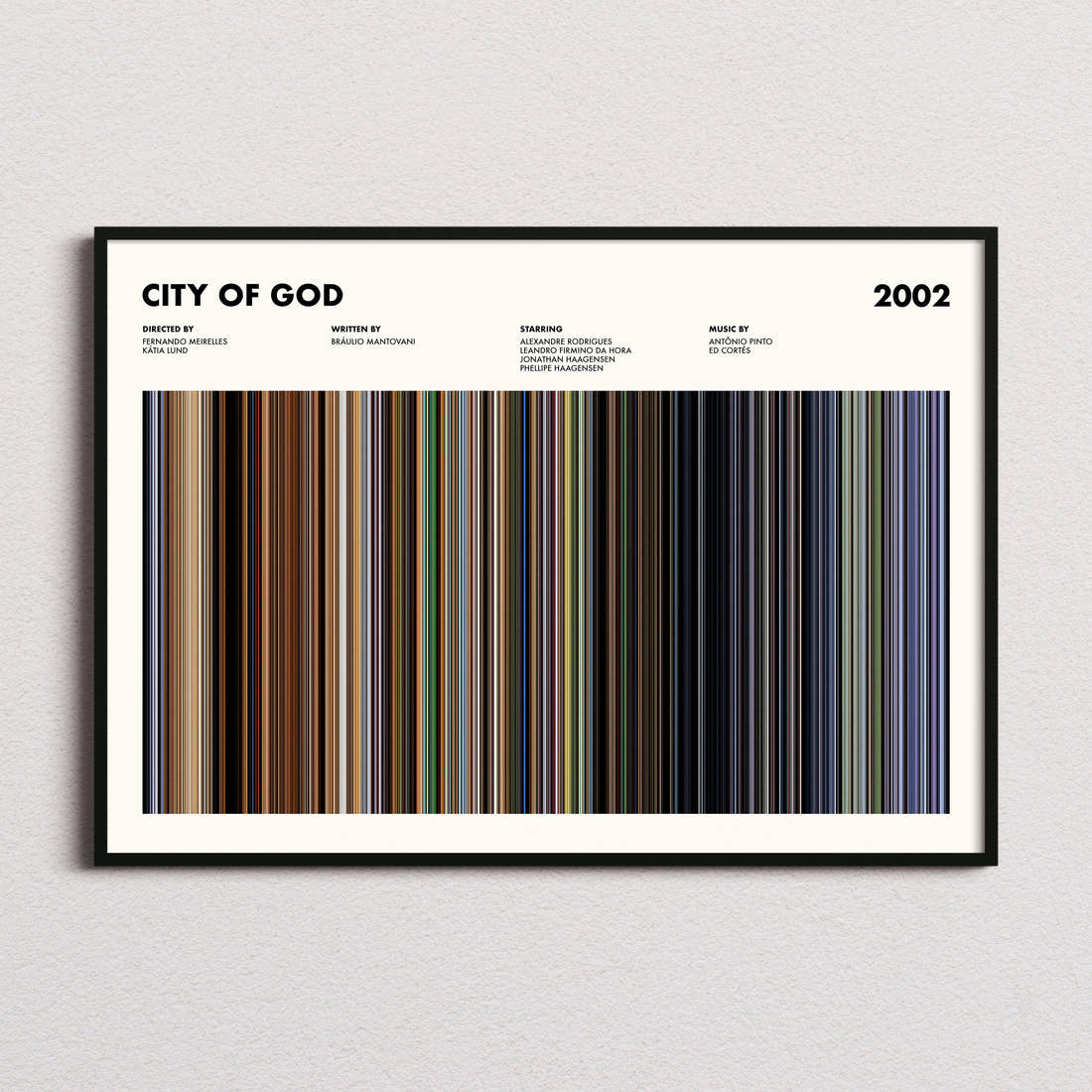 City Of God Movie Barcode Poster framed and photographed straight on