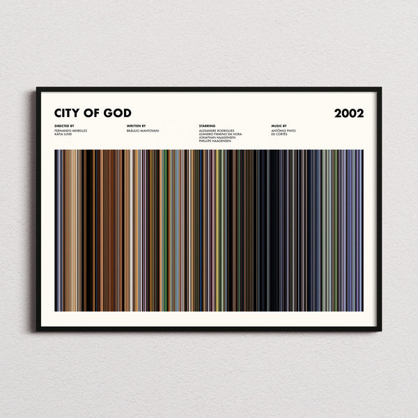 City Of God Movie Barcode Poster framed and photographed straight on