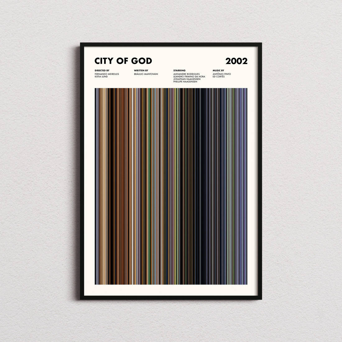City Of God Movie Barcode Poster framed on a plain studio wall