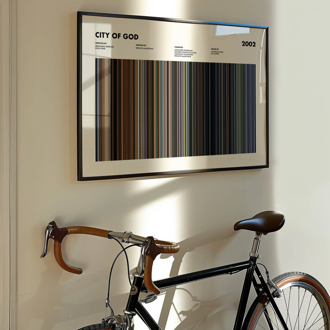 City Of God Movie Barcode Poster framed on the wall of a styled room setting