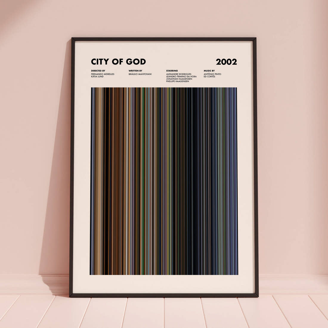City Of God Movie Barcode Poster framed and leaning against a coloured wall