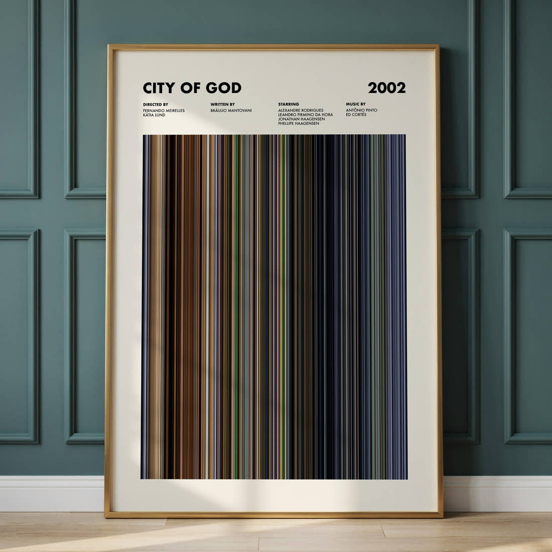 City Of God Movie Barcode Poster framed and leaning against a panelled wall