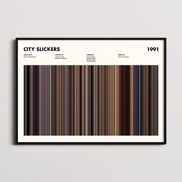 City Slickers Movie Barcode Poster framed and photographed straight on