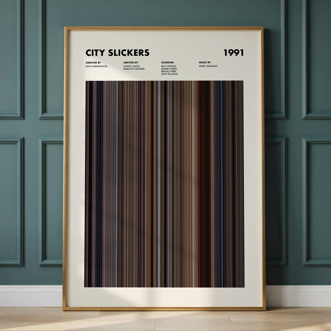 City Slickers Movie Barcode Poster framed and leaning against a panelled wall