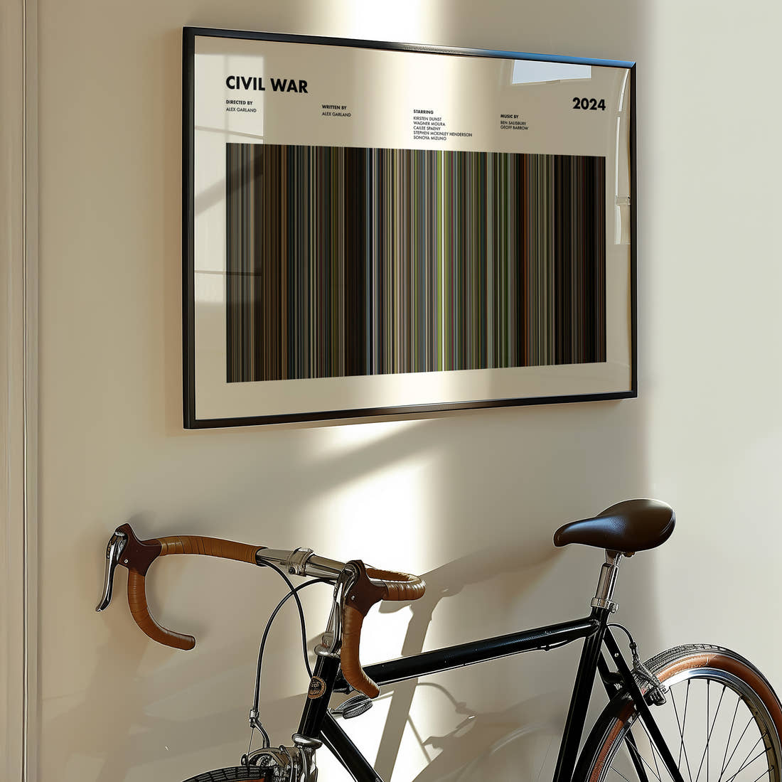 Civil War Movie Barcode Poster framed on the wall of a styled room setting