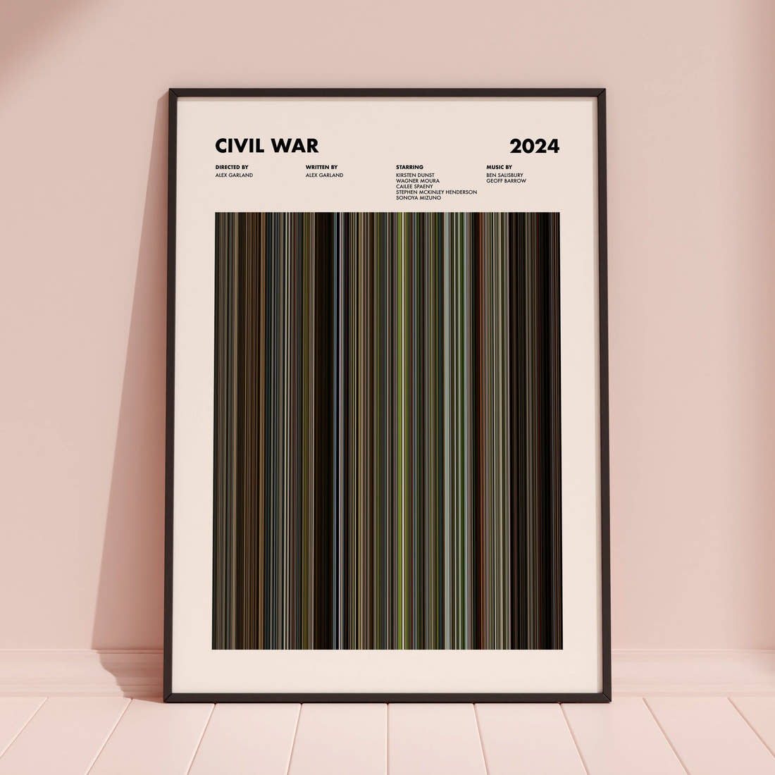Civil War Movie Barcode Poster framed and leaning against a coloured wall