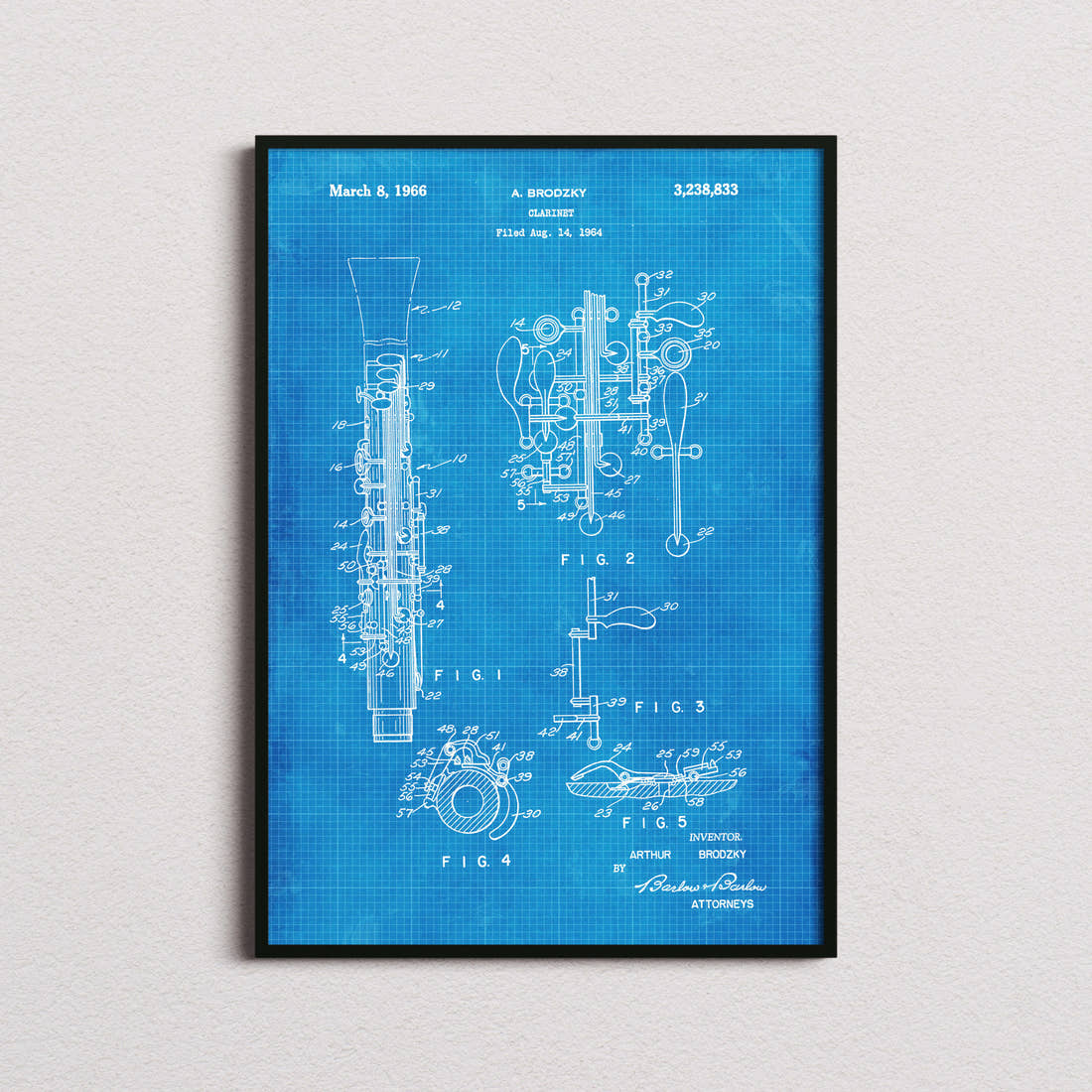Clarinet Patent Print in the blueprint colourway, framed